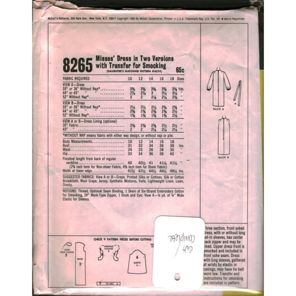 8265 Vintage 1966 McCalls Smocked Dress Pattern Size 10 B:31